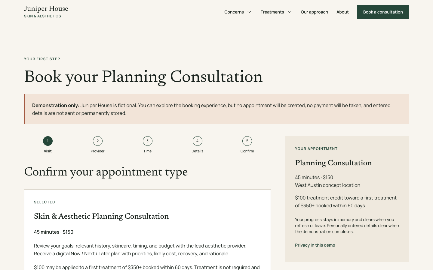 Booking introduction showing five steps, the consultation fee, and the demonstration notice.