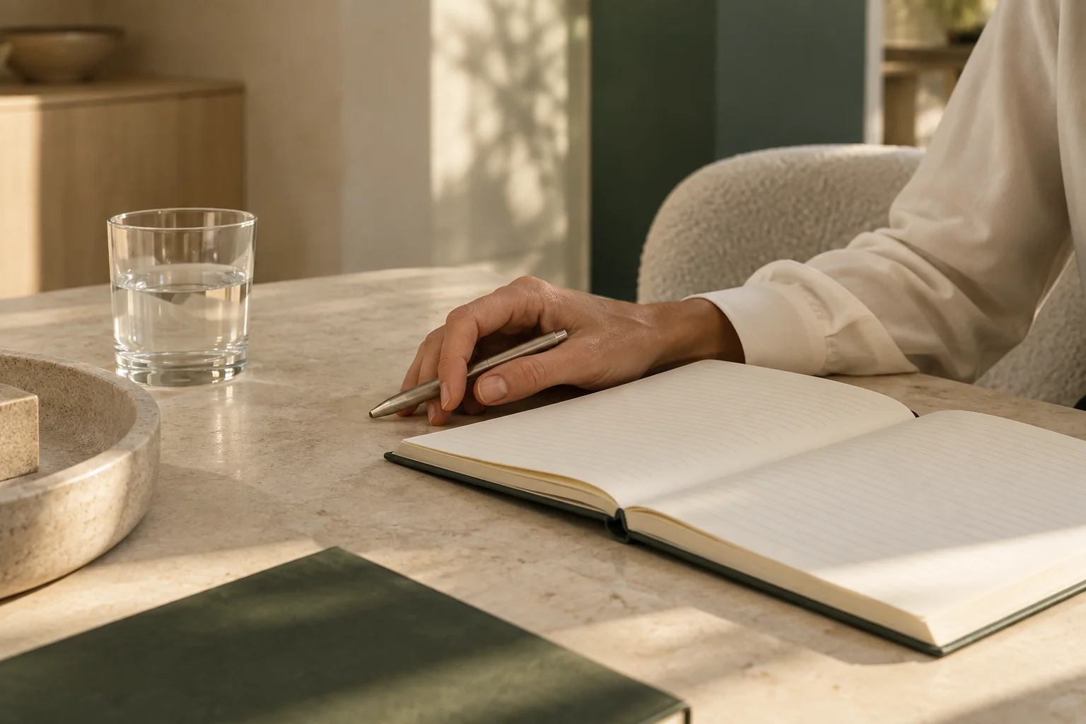 A hand holding a pen beside an open planning notebook on a warm stone desk.