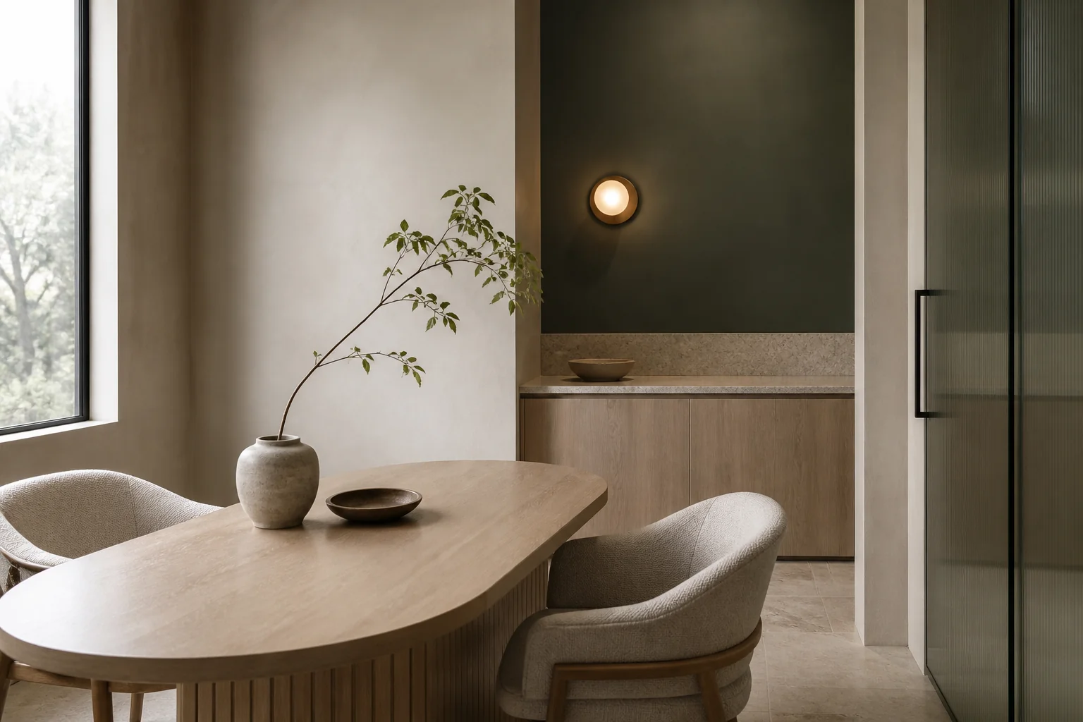 Illustrative reception with warm stone, natural wood, and soft daylight.