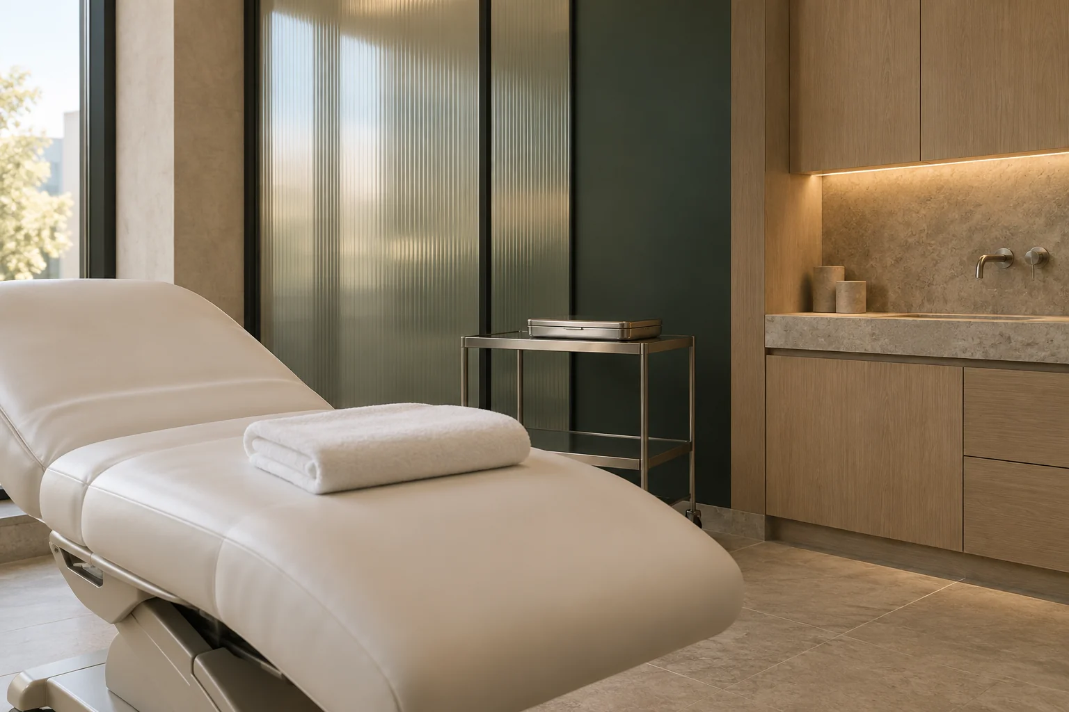 Illustrative treatment room prepared with a clean couch, folded towel, and closed tray.